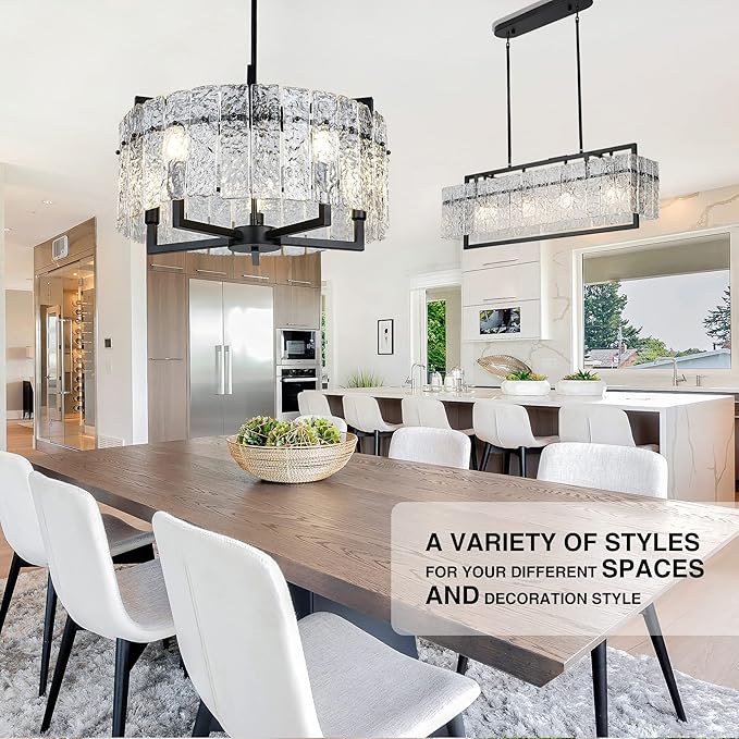 IKK Modern Black Crystal Chandeliers for Dining Room, Luxury Water Ripple Glass Light Fixture, Elegant Farmhouse Round Lighting for Kitchen Island, Bar Table, D20