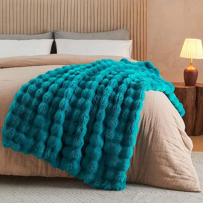 Lotus Karen Faux Fur Throw Blanket Teal - Big Bubble Rabbit Fluff Blanket for Couch Bed Sofa,Softest Fluffy Fuzzy Cozy Blanket,Thick Furry Plush Shaggy Warm Blankets for Women,108x90 Inches
