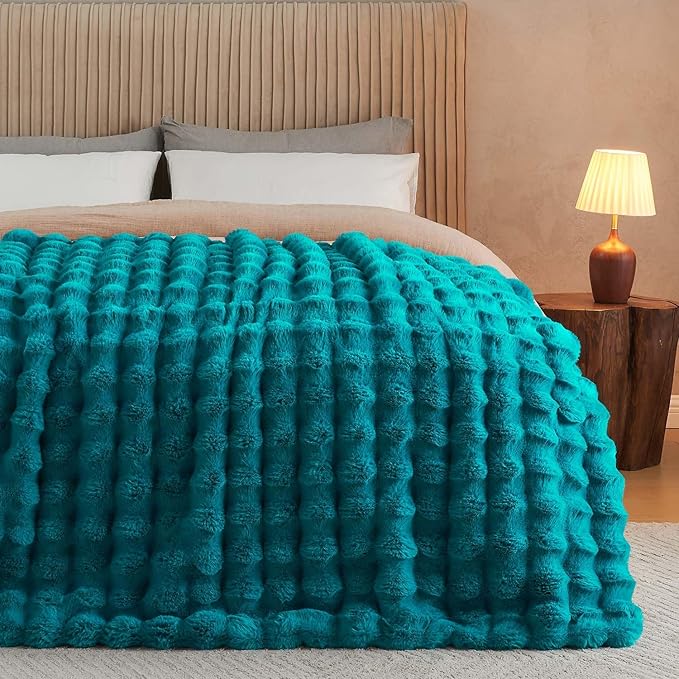 Lotus Karen Faux Fur Throw Blanket Teal - Big Bubble Rabbit Fluff Blanket for Couch Bed Sofa,Softest Fluffy Fuzzy Cozy Blanket,Thick Furry Plush Shaggy Warm Blankets for Women,90x90 Inches