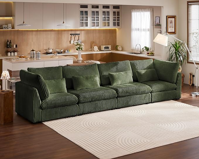 Oversized Modular Sofa, Extra Deep Cloud Corduroy Sectional Couch with Ottoman Chaise, Fluffy Chenille 4 Seater Sofa for Living Room, Villa (Basic 4 Seater, Corduroy Green)