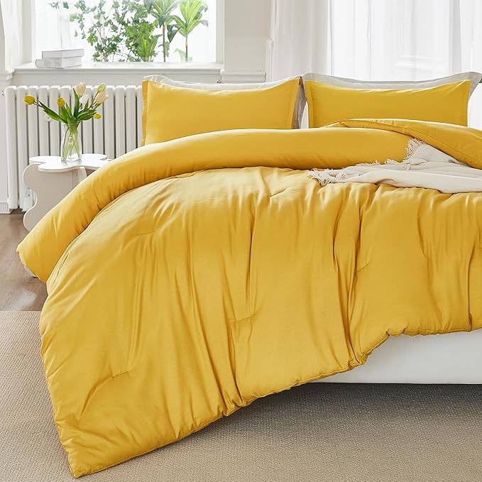 Litanika Mustard Yellow Comforter Set Queen Size, 3 Pieces Lightweight Solid Bedding Comforter Set, All Season Fluffy Bed Set (90x90In Comforter & 2 Pillowcases)