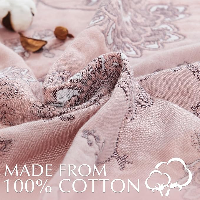 jinchan Boho 100% Cotton Muslin Queen Size 80x90 Inches Blanket Lightweight 4-Layer Quilted Soft Pink Multi Floral Throw Blanket Reversible Comfy Flower Rustic All Seasons Couch Bedroom Decor