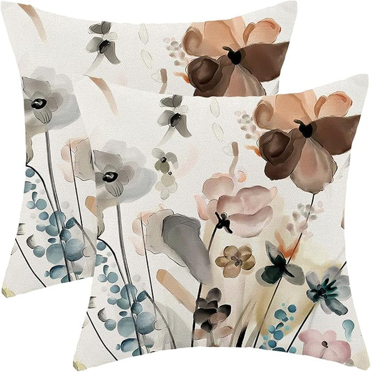 CXMEIFLY Spring Floral Pillow Covers 18 x 18 Inch Set of 2 for Watercolor Flowers Decor Throw Pillows Teal Brown Leaves Plant Floral Outdoor Decorative Cushion Cases for Couch Bed Decorations