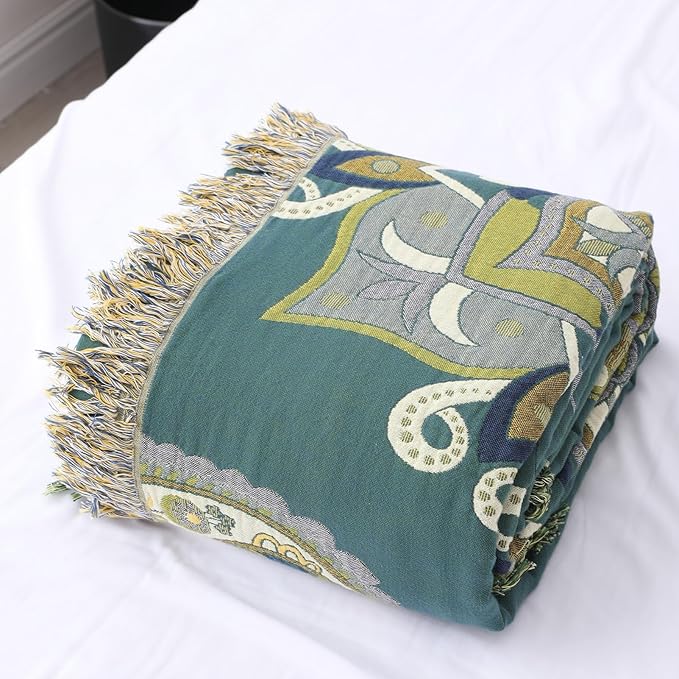 Snycler Boho Throw Blanket for Bed - 100% Cotton Ultra Soft Rustic Quilt - Green Boho Floral Printed Farmhouse Decor Bed Blankets, 60"×80" All Season Rustic Throw for Sofa Couch Chair