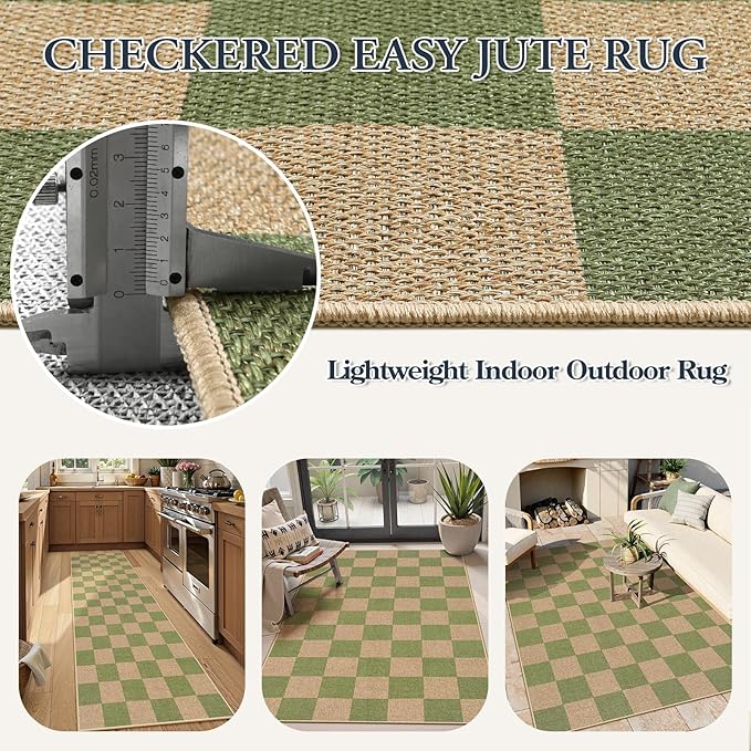 Lahome Checkered Entryway Runner Rug, 2x8 Green Washable Rug Runners for Hallway Non Slip, Farmhouse Indoor Outdoor Non Shedding Kitchen Mats for Floor Porch Balcony