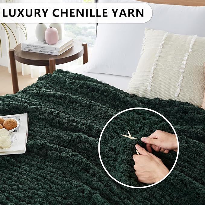 L'AGRATY Chunky Knit Blanket Throw - Soft Chunky Throw Blanket 50x60: 100% Hand Kintted Chenile Crochet Throw Blanket for Couch - Large Cable Knit Chunky Blanket for Home Decor(Olive Green)