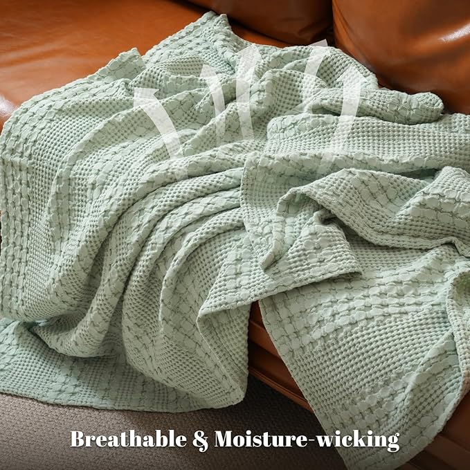 PHF 100% Cotton Waffle Weave Blanket King Size, Soft Lightweight Breathable Cozy Summer Blankets for Bed, Luxury Aesthetic Woven Bedding for Home Decor, 108"x90", Sage Green