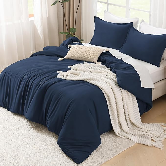 Litanika Navy Blue Comforters Oversized Queen Size, 3 Pieces Lightweight Solid Bedding Comforter Set, All Season Fluffy Bed Set (98x98In Comforter & 2 Pillowcases)