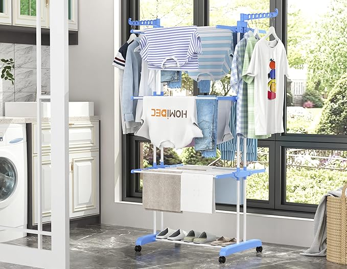 HOMIDEC Clothes Drying Rack, Large 4-Tier Foldable Drying Rack Clothing(67.7H x 19.7W x 30L Inches), Movable Drying Rack with 4 castors. Multifunctional Stainless Steel Laundry Drying Rack, Blue