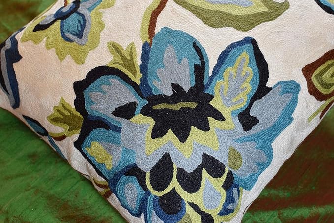 Modern Cream Decorative Floral Pillow Cover Needlepoint White Flower Hand Embroidered Pillowcase Flowery Outdoor Suzani Accent Cushion Boho Chair Modern Chair Pillowsham Wool Size 18x18