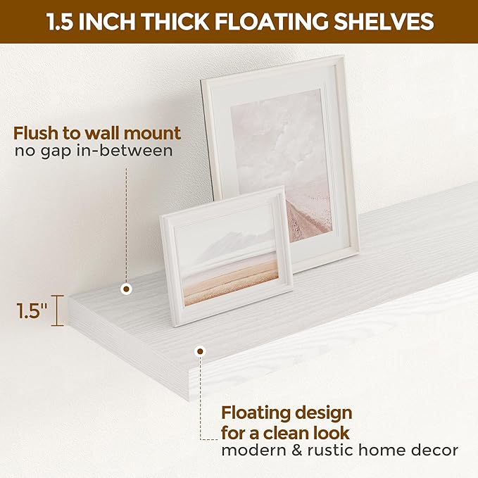 40 Inch Floating Shelves White, 40" W x 9" D Floating Shelf Set of 2, Farmhouse Wood Wall Shelves for Bedroom, Kitchen, Wall Mounted Deep Shelving for Home Decor