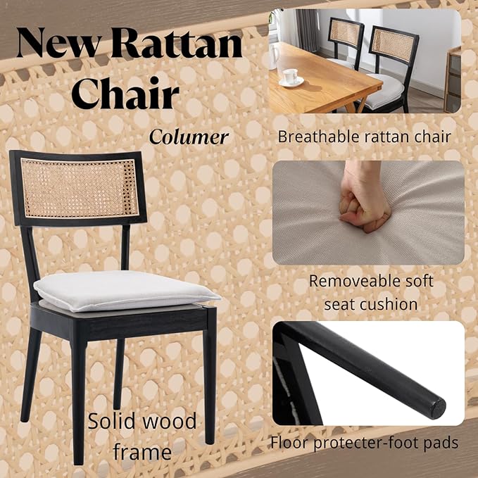 Rattan Dining Chairs Set Of 6 , Mid Century Modern Black Wooden Cane Back Chairs with Removable Linen Cushion , Retro Farmhouse Upholstered Kitchen & Dining Room Chairs for Restaurant Living Room