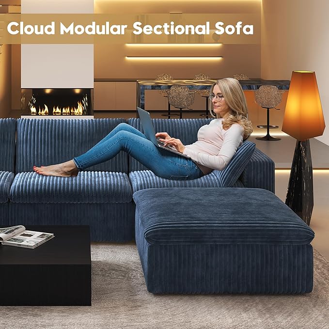 118" L Shaped Modern Sofa Modular Sectional Cloud Couch with Ottoman,Deep Seat Upholstered Couches with Plush Corduroy Fabric for Living Room Furniture,Bedroom and Apartment,No Assembly Required,Blue