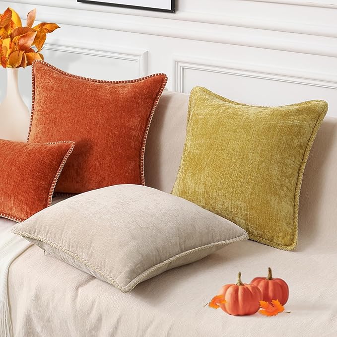 decorUhome Fall Chenille Soft Throw Pillow Covers 16x16 Set of 2, Farmhouse Velvet Neutral Decorative Euro Pillow Covers with Stitched Edge for Couch Sofa Bed Home Decor, Rust