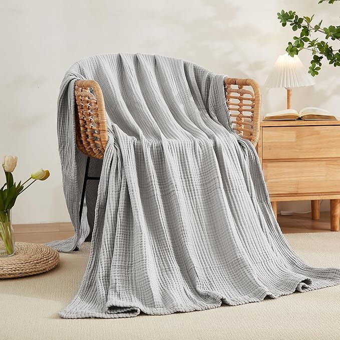 EMME Cotton Blanket Twin XL for Bed Soft Muslin Blankets 66"x90" Lightweight Breathable Layering Bedspread Coverlet All Season Gauze, Light Grey