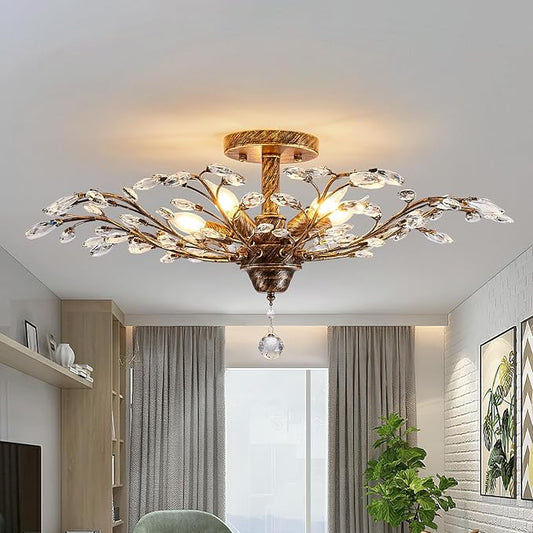 Ganeed Vintage Crystal Chandelier, Modern Bronze Branches Ceiling Light Fixture with 5-Light Heads for Farmhouse Living Room Dinning Room Kitchen Over Table Hallway