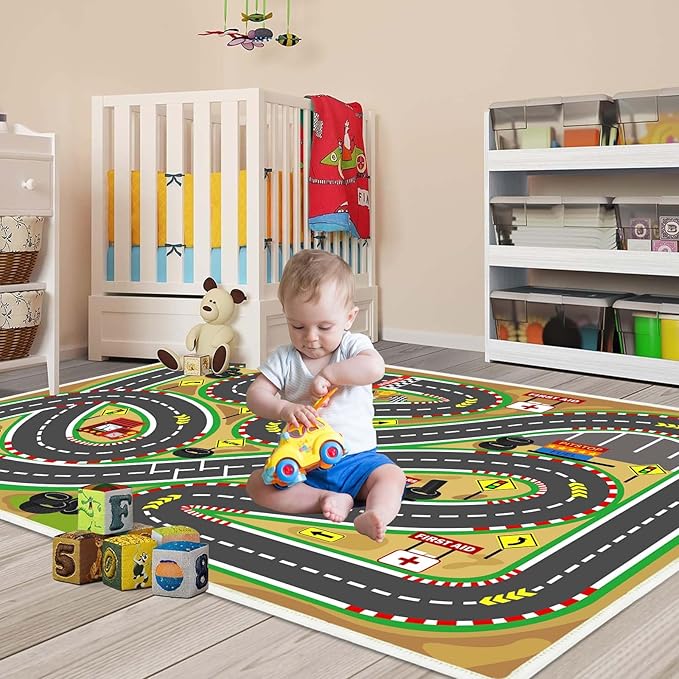 Kids Rug Play mat Playroom Rugs Car Rugs for Kids Toy Cars Race Track for Classroom Rug (Race-Brown, 6.6x9.8ft)