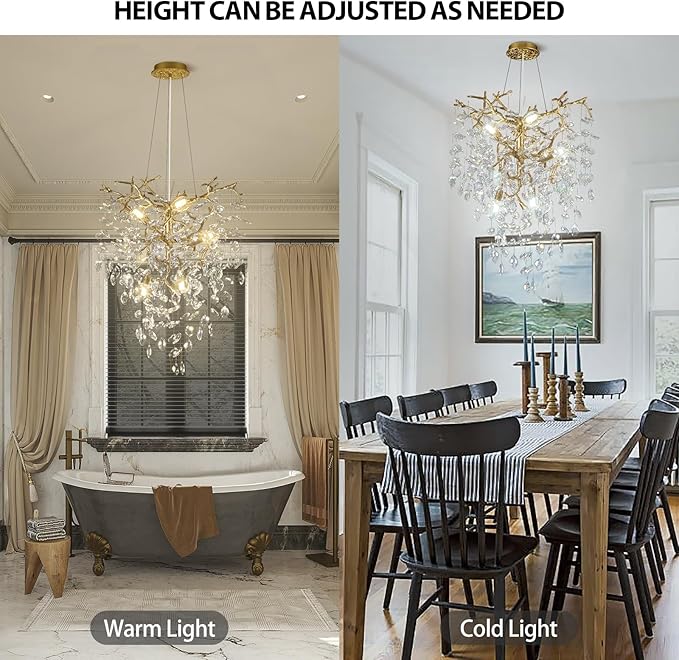 Modern Gold Crystal Tree Branches Chandelier,21 Inchs 6 Lights Modern Round K9 Crystal Chandeliers for Dining Room, Bedroom, Living Room, Foyer,Kitchen Island