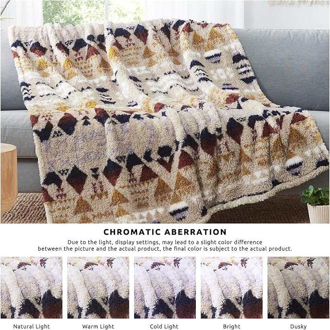 CASAAGUSTO Boho Sherpa Throw Blanket, Aztec Queen Blanket, Ultra Soft, Warm, Cozy, Plush, Thick Fleece Bohemian Throw Blanket for Couch, Bed, Sofa (Khaki 90 * 90 Inch)