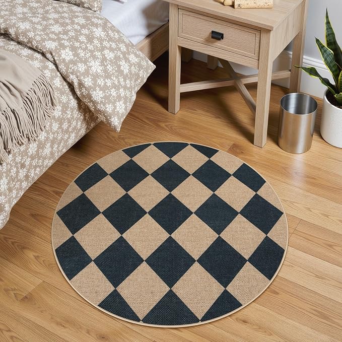 Lahome Checkered Round Rug 3ft, Circle Indoor Outdoor Entryway Patio Rug Washable Easy Jute Rug, Farmhouse Non Slip Small Round Rugs for Bedroom Porch Living Room Decor