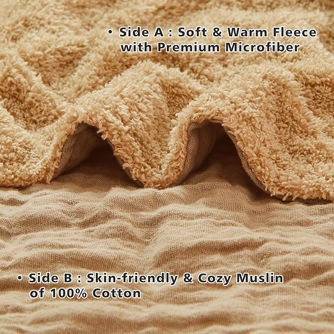 EMME Muslin and Fleece Queen Blanket Reversible - 80"*90" Beige Soft Warm Throw Blankets for Couch Bed Picnic Travel Bed