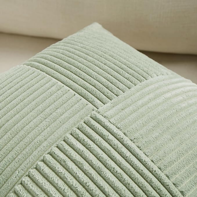 Fancy Homi 2 Packs Sage Green Samll Decorative Throw Pillow Covers 12x12 Inch with for Couch Bed Sofa, Rustic Farmhouse Boho Home Decor, Soft Corss Patchwork Corduroy Square Cushion Case 30x30 cm