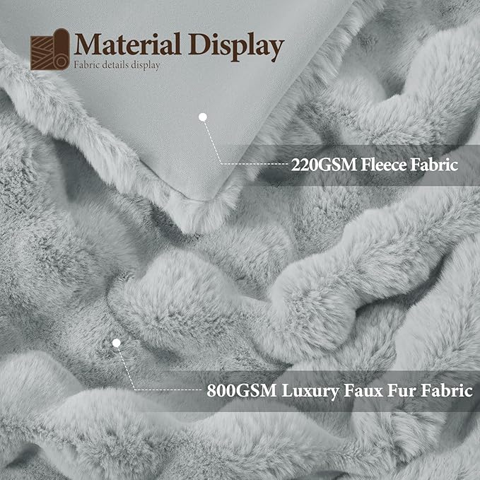 Touchat Luxury 1000GSM Faux Rabbit Fur Throw Blanket, Super Heavy Warm Cozy Grey Blankets for Couch Bed Sofa, Ruched Plush Fuzzy Elegant Soft Reversible Mink Blanket for Living Room Bedroom