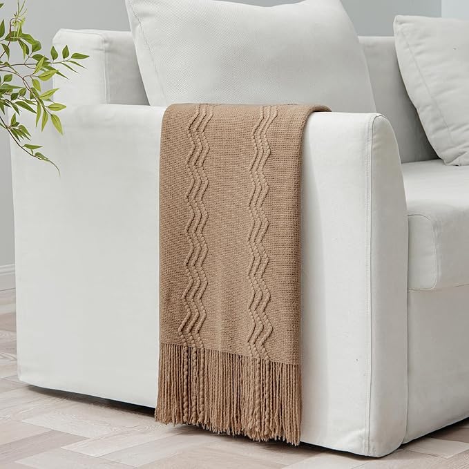 MIULEE Tan Taupe Knitted Throw Blanket for Couch Boho Textured Cozy Woven Blanket with Tassels for Sofa Chair Bed Living Room Farmhouse Home Decor Acrylic Wave Pattern 50"x60"
