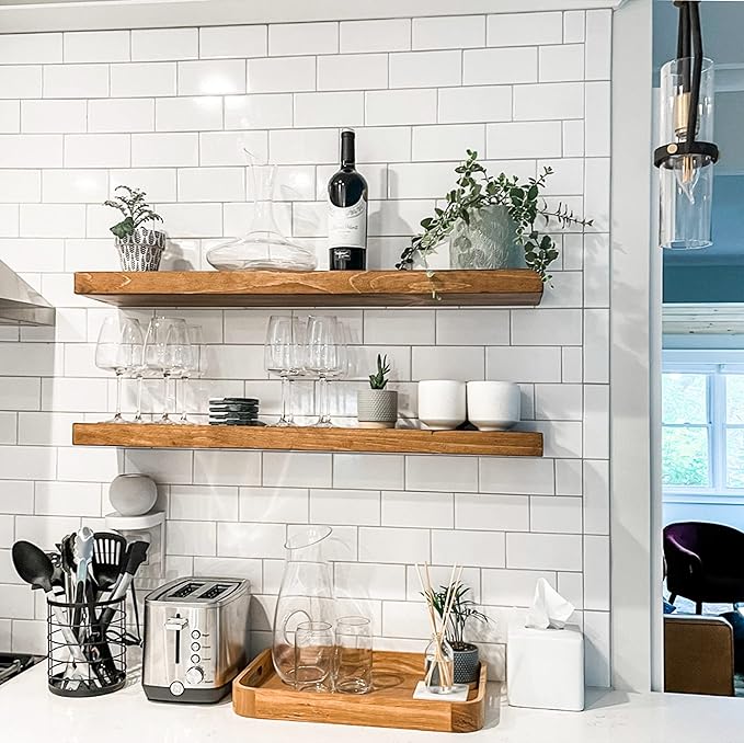 URBANDI, Rustic Floating Shelves, Set of 2, Hidden Bracket, Solid Wood, Heavy Duty, Wall Mounted Shelves, (Brown, 36Wx6D)