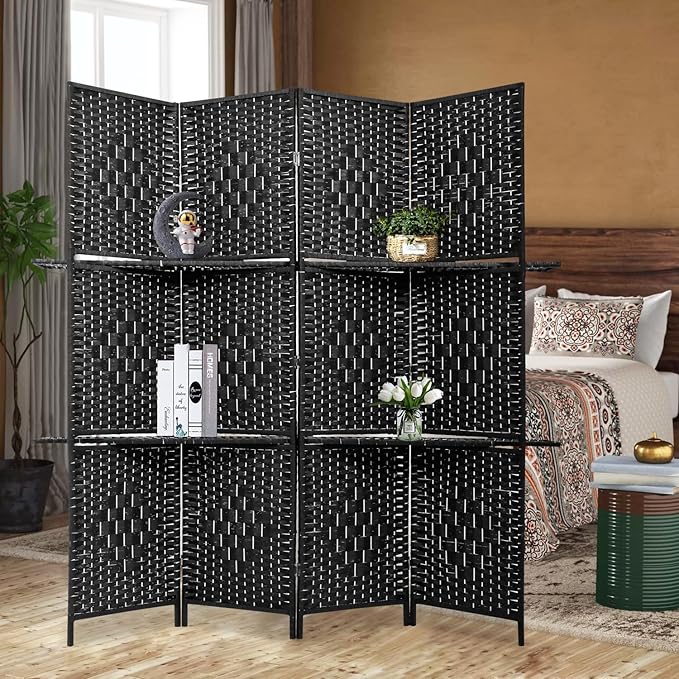 PayLessHere Room Divider Room Screen Divider Wooden Screen Folding Portable Partition Screen Wood with Removable Storage Shelves (Black, 4 Panel)