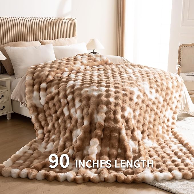 Cozy Faux Fur Throw Blanket for Bed-Warm Fuzzy Throw Blanket, Soft Plush Thick Bubble Blankets for Bedroom and Living Room, Furry Luxury Blanket, 90 x 108, Tie-Dye Brown