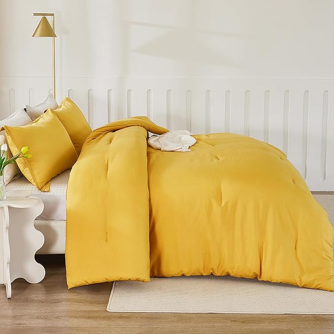 Litanika Mustard Yellow Comforter Set Queen Size, 3 Pieces Lightweight Solid Bedding Comforter Set, All Season Fluffy Bed Set (90x90In Comforter & 2 Pillowcases)