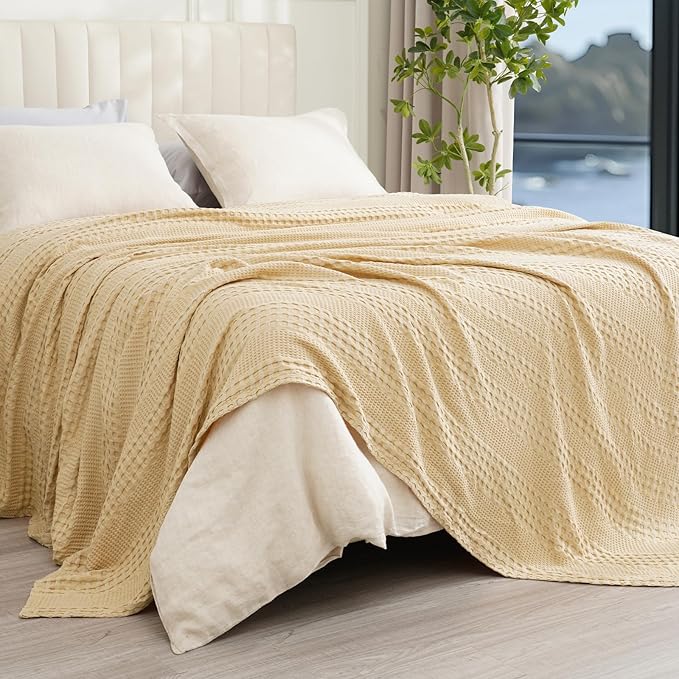 PHF Cooling Waffle Blanket King Size, Lightweight 60% Rayon Derived from Bamboo & 40% Cotton Breathable Blanket for Hot Sleepers, Soft and Luxury for Bed Couch and Sofa, 104"x90", Beige