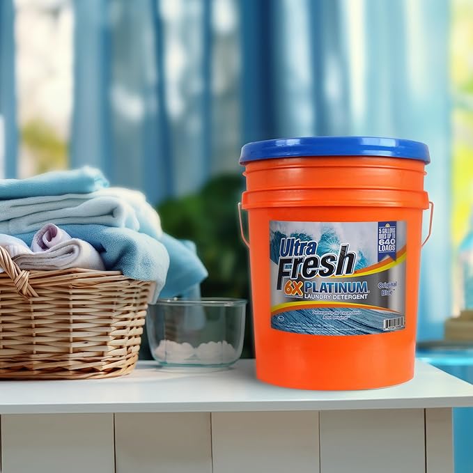 Ultra Fresh 5 Gallon Liquid Laundry Detergent Washing Soap for All Machine Types, 6X Platinum, Up to 640 Loads, Original Blue