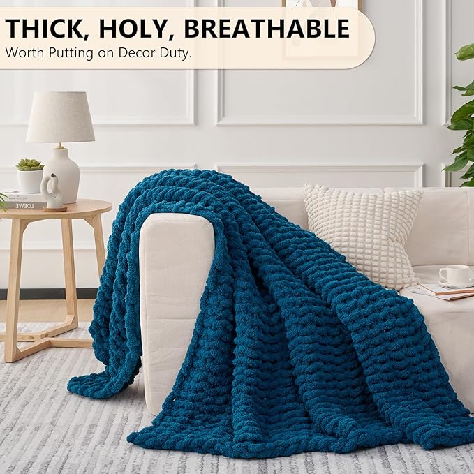 L'AGRATY Chunky Knit Blanket Throw: 50''x60'' Chenille Chunky Knitted Throw Blanket for Bed Couch - Handmade Thick Big Cable Knit Blanket - Large Crochet Rope Blanket for Home Decor(Blue)