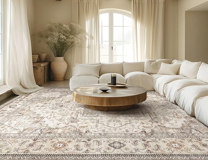 Washable Area Rugs for Living Room -10x12 Neutral Vintage Distressed Floral Farmhouse Boho Large Soft Floor Rug Indoor Non Slip Carpet for Living Room Bedroom Dining Room Office-Brown/Multi