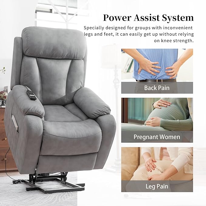 Power Lift Chair Recliners for Elderly, Leathaire Modern Adult Power Lift Chair Overstuffed Electric Lift Recliner Chair with Side Pocket for Living Room Bedroom (Light Gray)