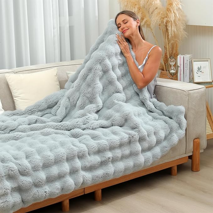 RYNGHIPY Faux Fur Throw Blanket Double Side Thick and Warm for Couch Plush Fluffy Faux Rabbit Fur Decoration for Sofa Chair and Bed Grey Winter Blanket (Grey, 51''x63'')