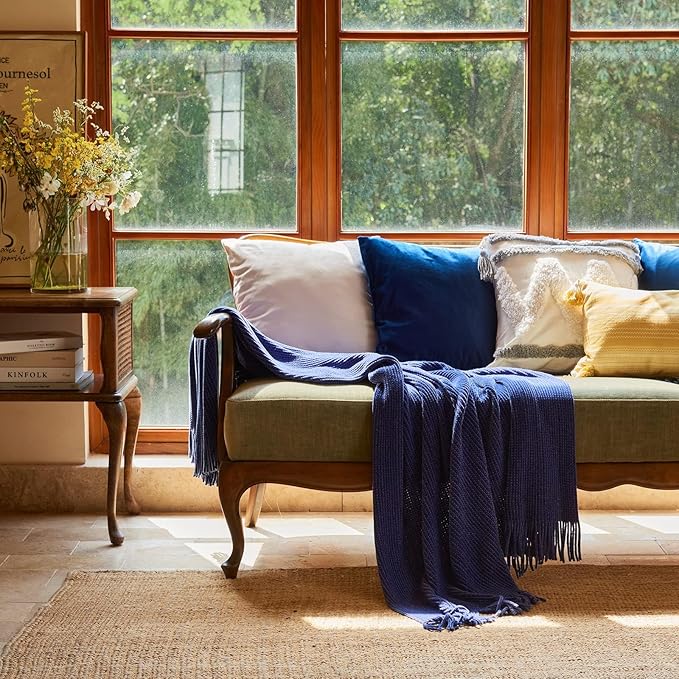 lifein Throw Blanket for Couch, Soft Boho Decor Bed Throw,Cozy Blue Chenille Knitted Small Farmhouse Lightweight Throw for Spring(Blue,60 * 80")