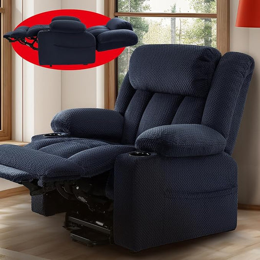 Three Motor Large-Wide Power Lift Chairs Recliners for Big and Tall Elderly, 180° Lay Flat Lift Chair, Infinite Position, Power Headrest, Heat & Vibration Massage (Plush Flannel, Navy Blue)