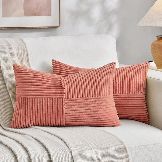 Fancy Homi 2 Packs Coral Lumbar Decorative Throw Pillow Covers 14x24 Inch for Living Room Couch, Rustic Farmhouse Boho Home Decor, Soft Striped Corduroy Rectangle Accent Peach Cushion Case 35x60 cm