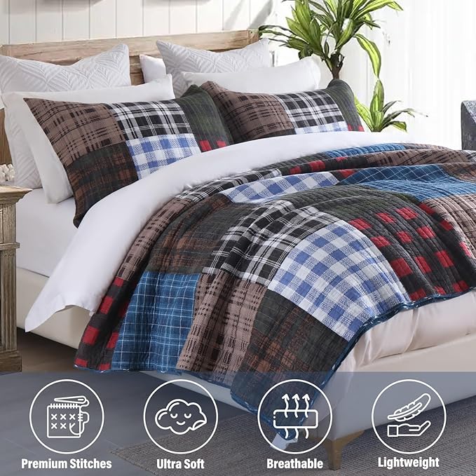 NEWLAKE Quilt Set King Size, Cotton Patchwork Blue Black Checkered Patterns Quilt Sets, Reversible Bedspread Lightweight and Breathable for All Seasons, Soft Quilted Bedspread with 2 Pillow Shams