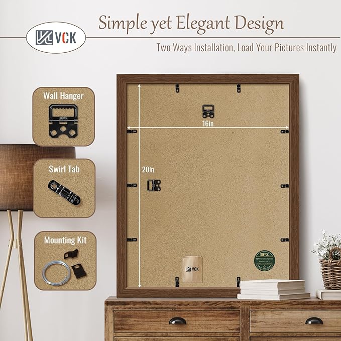 VCK 16x20 Picture Frames for Wall 3 Pack, Brown Wood Poster Frame with Exclusive Wood Grain, Wall Mounting Hanging