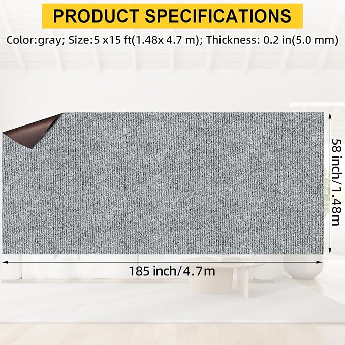 Marine Carpet,5 FT x 15 FT Smoke Gray Indoor Outdoor Carpet 0.2" Thick Boat Carpet with Water-Proof TPE Backing, Non-Slide Outdoor Marine Carpet Roll for Home, Patio, Porch, Deck