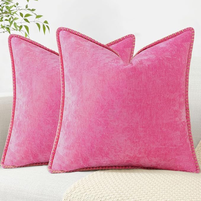decorUhome Chenille Soft Throw Pillow Covers 20x20 Set of 2, Farmhouse Velvet Neutral Decorative Euro Pillow Covers with Stitched Edge for Couch Sofa Bed Home Decor, Hot Pink