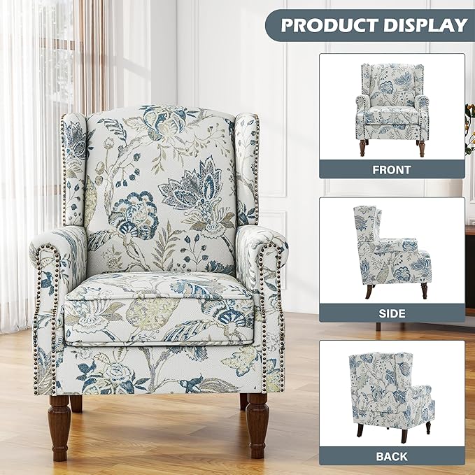 UIXE High Back Floral Accent Chair, Upholstered Armchair in Fabric, Retro Printed Wingback Arm Chair for Living Room, Nailhead Trim Single Sofa Bedroom Reading Seat - Plants Blue