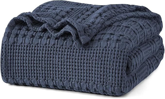 PHF 100% Cotton Waffle Weave Blanket King Size, Soft Lightweight Breathable Cozy Summer Blankets for Bed, Luxury Aesthetic Woven Bedding for Home Decor, 108"x90", Dark Navy