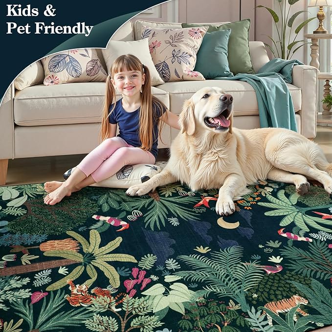 LIVEBOX 6x9 Jungle Dark Rug Dining Room Rugs for Under Table, Soft Modern Green Rugs for Living Room, Washable Kids Rug for Boy Bedroom, Non-Skid Kids Carpet Playmat for Play