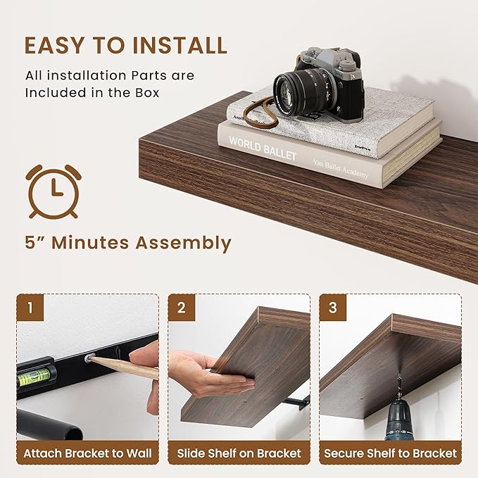 fuqing Floating Shelves for Wall, Bathroom Shelf Wall Mounted for Storage, Shelves with Invisible Bracket for Bedroom, Kitchen, Living Room, Farmhouse Small Book Shelf, 16 Inch Set of 2, Walnut