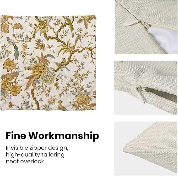 CXMEIFLY Summer Floral Birds Pillow Covers 16 x 16 Inch Set of 2 for Chinoiserie Flowers Spring Decor Throw Pillows Mustard Yellow Plant Outdoor Decorative Cushion Cases for Couch Bed Decorations